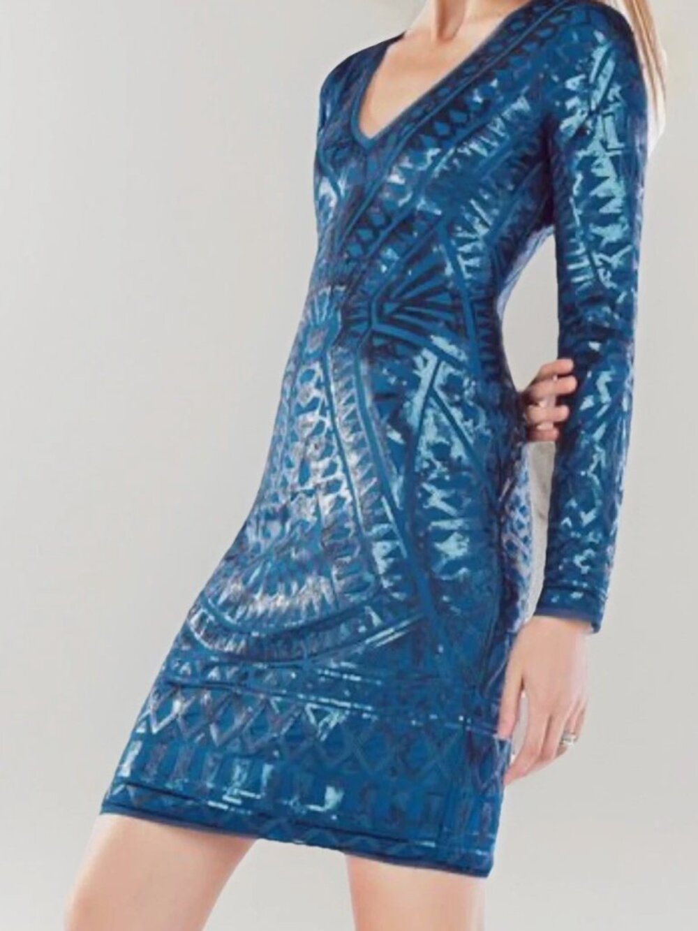 BCBG MaxAzria “Morris” Art Deco Sequin Dress Teal Blue Geometric Embroidery